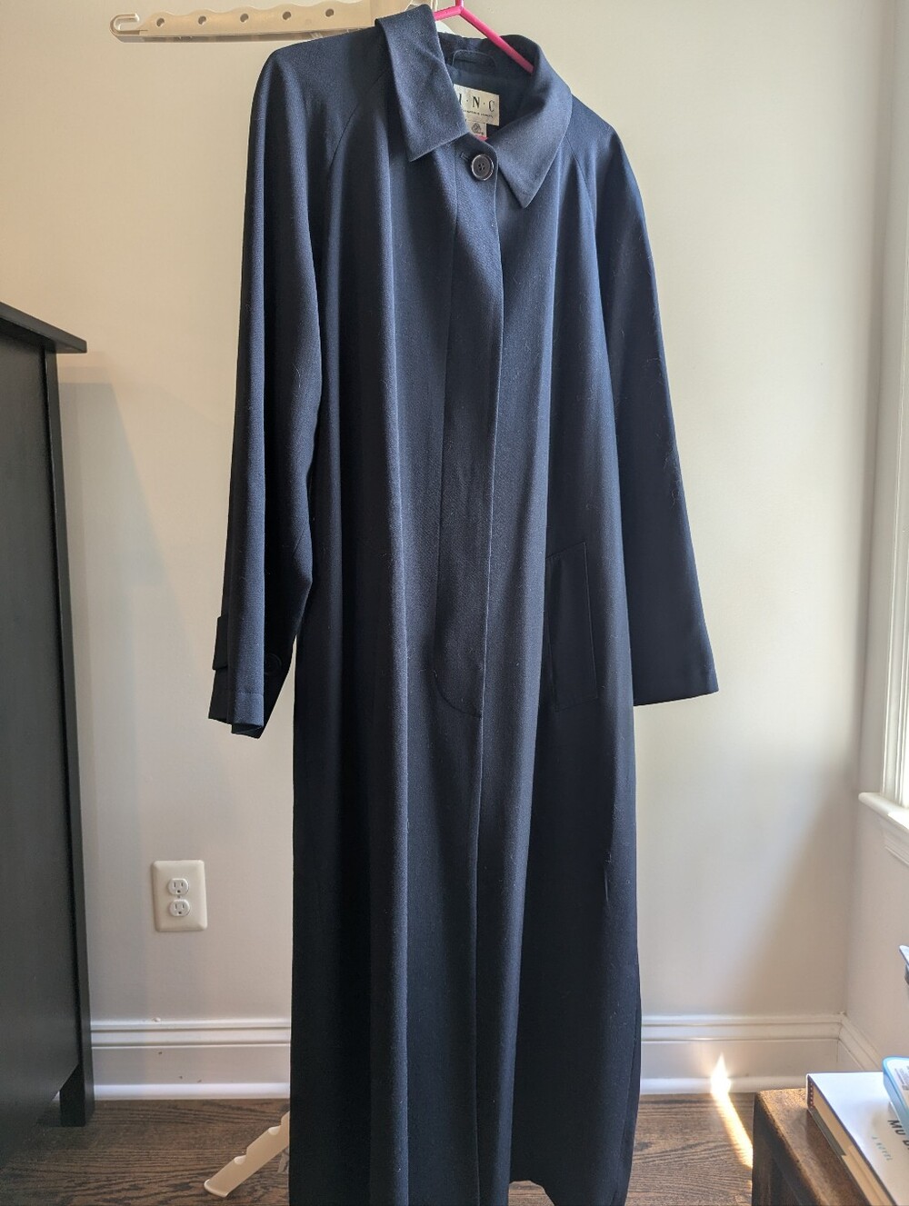 Vintage 90s INC 100% Pure Wool Maxi Duster Coat Fly Front Navy Blue M